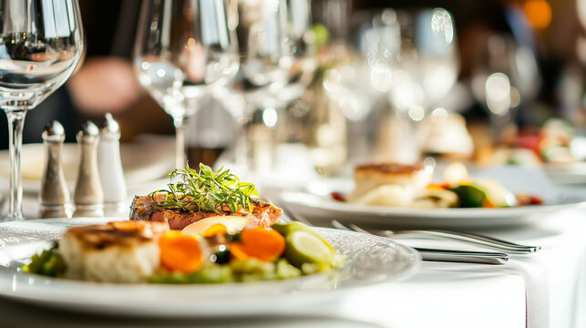 A close-up of fine dining plates with gourmet food and artistic plating ready for guests