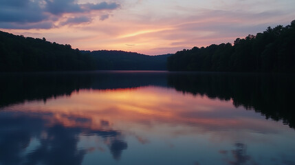 Serene smooth glass-like lake surface reflecting changing skies and ethereal light for breathtaking tranquility absolutely