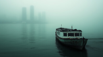 Obraz premium Enigmatic foggy harbor with a lone creaky boat moored in serene mysterious waters evoking nostalgia