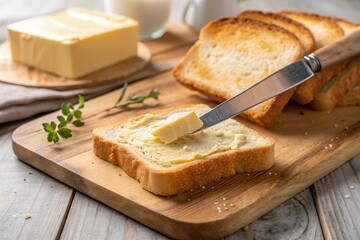 Slicing Fresh Bread With Butter in a Cozy Kitchen Setting Generative AI