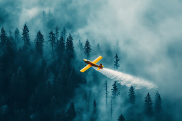 yellow firefighting plane releasing water over a misty forest during wildfire control
