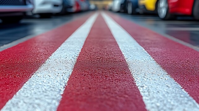 Red and white lines on a parking lot floor.