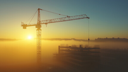 Obraz premium Large construction crane standing tall in a quiet construction zone amidst urban development