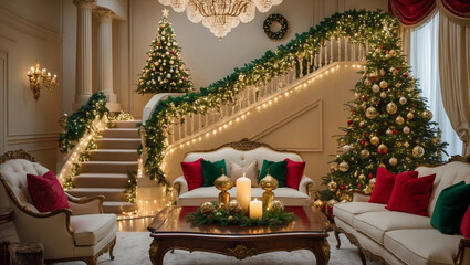 A Grand Staircase Adorned With Twinkling Lights And Lush Garland, A Majestic Christmas Tree Standing Tall, Filling A Luxurious Home With Festive Cheer And Warmth, Elegant Cream Sofas Adding To The Opu