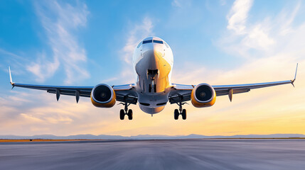 Naklejka premium commercial airplane ascends from the runway, captured from a low-angle perspective. The powerful jet engines and extended landing gear contrast with the soft hues of the sky at sunrise or sunset