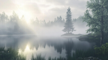 Fototapeta premium Foggy morning over a still lake with mist hovering, reflecting serene and peaceful natural beauty