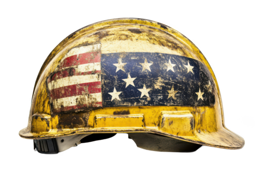 Worn American Flag Hard Hat Grunge, Vintage, Construction Safety Helmet