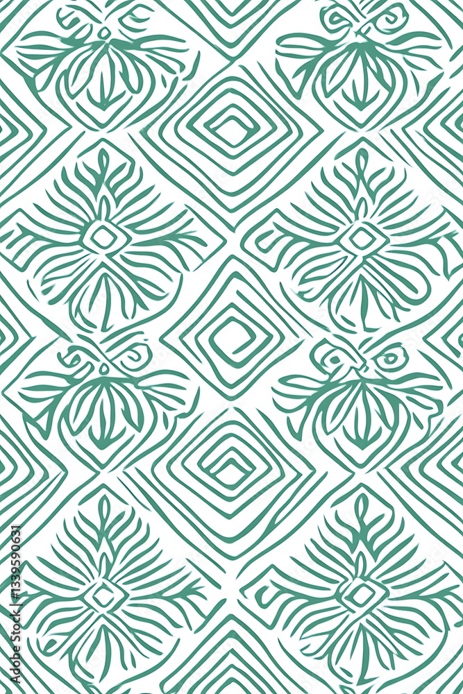 Poster stylized botanical pattern with geometric shapes, creating a distinctive and unique textile design, 