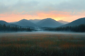 Misty sunrise over mountain range, grassy field. Ideal for nature, travel, serenity themes; evokes calm.