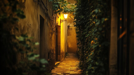 Obraz premium Charming narrow alleyway with ivy-covered walls bathed in soft light, exuding timeless urban character gracefully