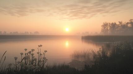 Fototapeta premium Serene misty lake at sunrise with the sun barely visible, enveloping nature in gentle light