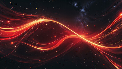 Fototapeta premium A cosmic abstract background with flowing, curved streaks of glowing fiery red and orange light against a deep dark space backdrop. 