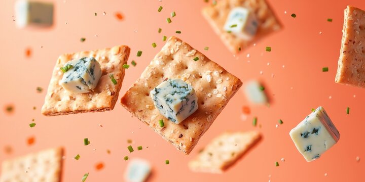 Levitating multigrain crackers with blue cheese cubes and chives on a pastel coral background