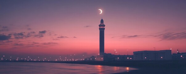 Fototapeta premium Lighthouse Illuminated by a Crescent Moon at Dusk Along the Serene Shoreline