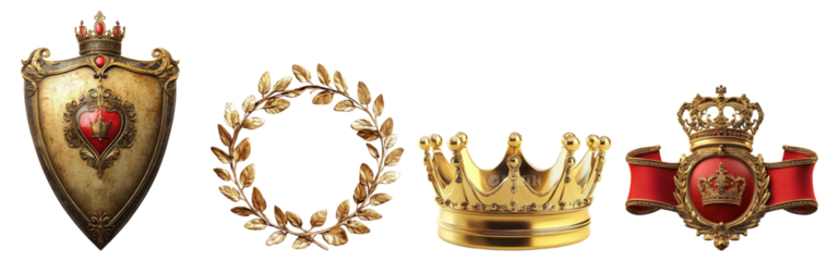 Decorative elements of royalty including shield, crown, and wreath, Isolated on Transparent Background
