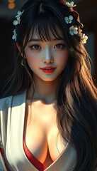 Fototapeta premium An ultra-high-definition (8K) realistic portrait of a breathtaking 19-year-old Japanese idol, her long, silky hair styled with soft bangs and adorned with delicate flowers