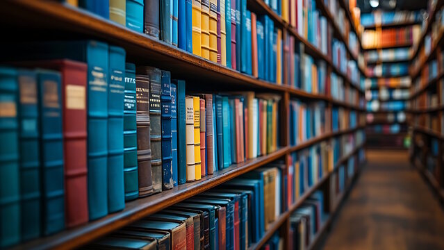 Stacked bookshelves. The image is displayed on a stock photo website and could represent media assets.