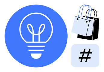 Light bulb in a blue circle signifying innovation, shopping bags symbolizing commerce, and metadata tag for social media trends. Ideal for marketing, creativity, e-commerce, digital strategy