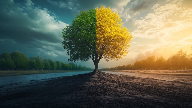 A lone tree stands strong with half green leaves and half yellow under stormy skies. This image is ready for submission, awaiting a descriptive title and keywords.