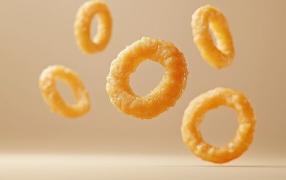 Onion ring chips with crunchy coating, floating on a pastel beige background
