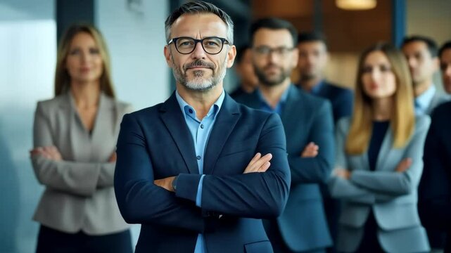 A confident business leader stands in the foreground, exuding professionalism, while a diverse group of colleagues engages thoughtfully in the background within a modern office environment.