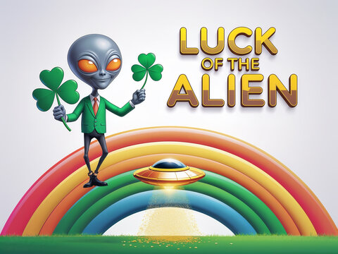 Lucky Alien St. Patrick&rsquo;s Day Illustration with Shamrocks, UFO, Rainbow, & Gold &ndash; Funny Irish Sci-Fi Mashup Featuring a Dapper Extraterrestrial in a Green Suit
