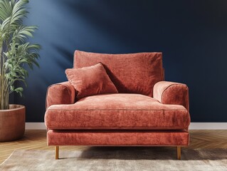 A comfortable living room chair and potted plant are showcased here