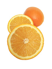 Orange isolated on transparent background. Two Juicy fruits in a cut next to a whole orange. Citrus slices.