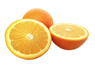 Orange isolated on transparent background. Two Juicy fruits in a cut next to a whole orange. Citrus slices.