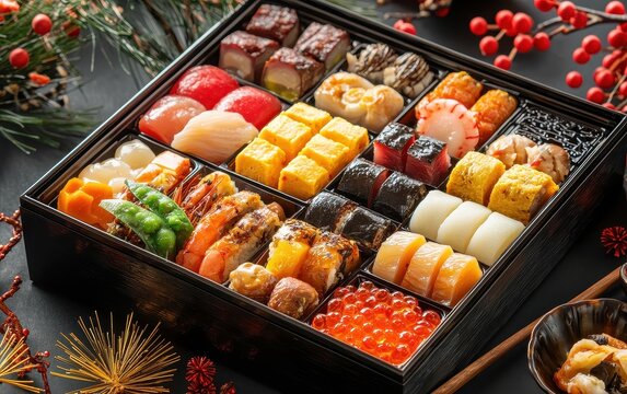 Osechi Ryori (assorted Japanese New Year dishes) in a lacquered bento box with a traditional New Year setting