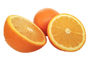 Orange isolated on transparent background. Two Juicy fruits in section. Citrus slices.