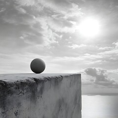Sphere on edge over sea with sky and clouds
