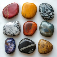 Collection of polished stones showcasing vibrant colors and unique textures from a geological enthusiast's selection