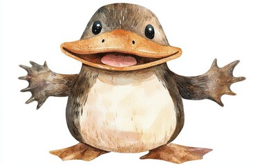 Obraz premium Painted drawing illustration of a cute platypus with a wide, happy beak. On white background. Kids book style