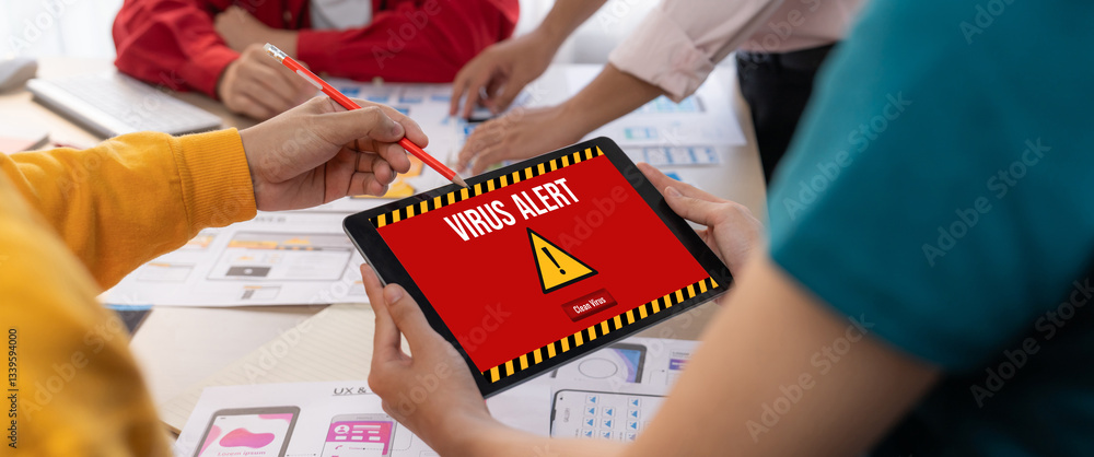 Poster virus warning alert on computer screen detected brisk cyber threat , hacker, computer virus and malw
