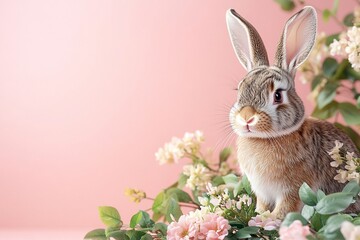 Fototapeta premium Easter Background, Easter Banner, Adorable Brown Bunny Rabbit Surrounded by Delicate Pink Spring Flowers on a Pastel Pink Background