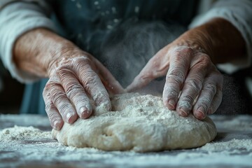 Fototapeta premium Old wrinkled hands kneading dough with flour in a rustic kitchen during daytime
