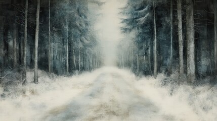 A forest road leads through a misty atmospheric winter landscape