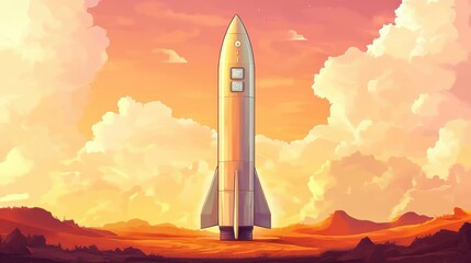 A large rocket stands ready for launch beneath a colorful sky