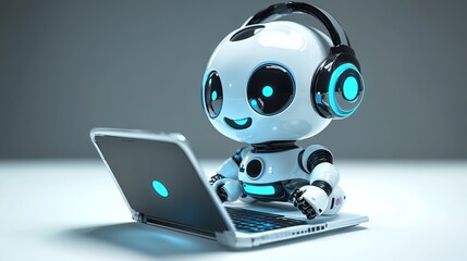 Cheerful robot with headphones and speech bubbles on an open laptop 3D vector illustration in a cartoon style great for customer service chatbot visuals Isolated background