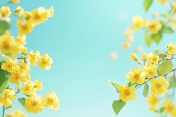 Obraz premium 青空の下で咲く鮮やかな黄色い花々が明るい春の日を感じさせる