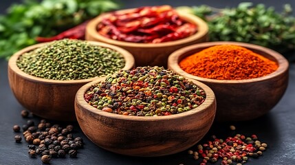 Spices in bowls on table for cooking