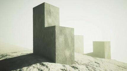 Three concrete structures situated on a rough textured terrain