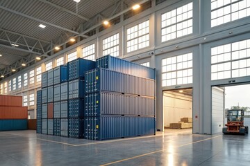 Fototapeta premium Shipping Containers Stacked in Modern Warehouse Interior Generative AI