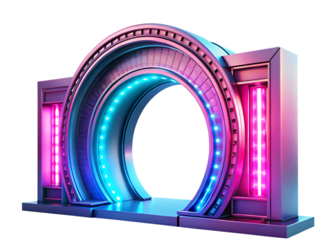 futuristic energy portal gate in pink and blue isolated on white background PNG , AI GENERATED