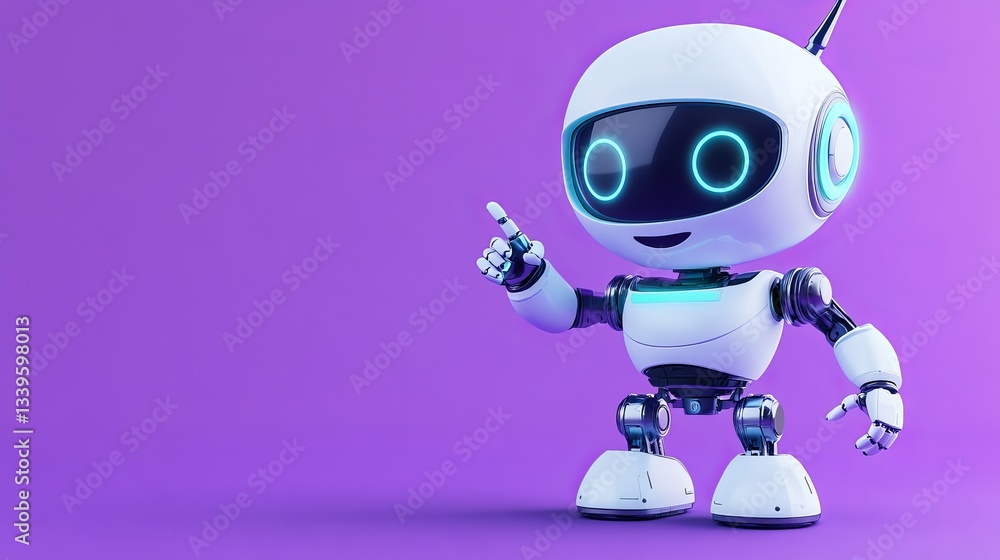 Poster cute 3d robot pointing and winking isolated on a purple background friendly cartoon robot in 3d rend