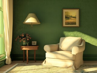 A comfortable armchair is inside a warm and inviting room