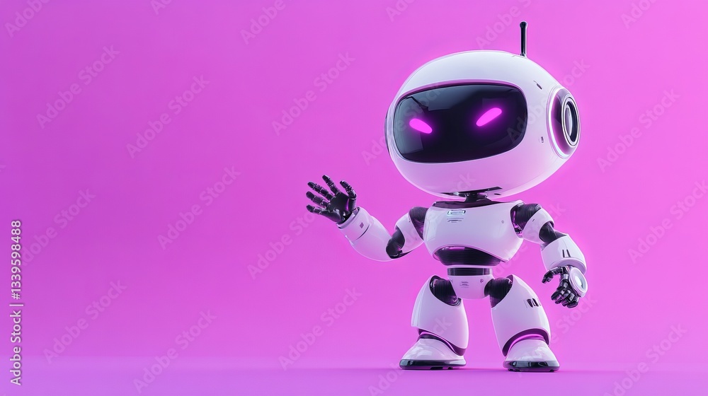Poster cute 3d robot waving friendly cartoon robot in 3d render customer support chatbot online assistant t