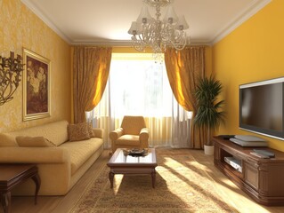 A well lit and furnished living room setting with warm colors