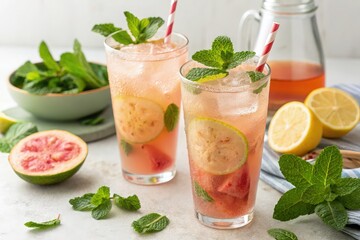 Fototapeta premium Refreshing Guava and Mint Drink in Summer Setting Generative AI